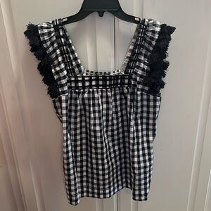 Sugar Lips Navy Checked Top M Fringe Detail NWOT